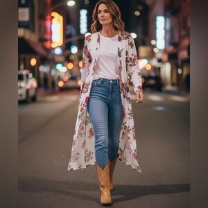 LOVE J SHEER MAXI RED ROSE FLORAL COASTAL COWGIRL WESTERN LONG COVER-UP SIZE M